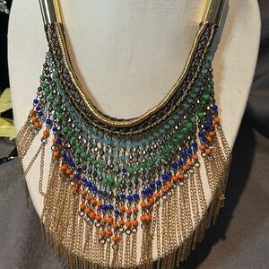 #23 Chunky 16 Inch Gold Tone, Multicolored Bead Necklace On Leather
